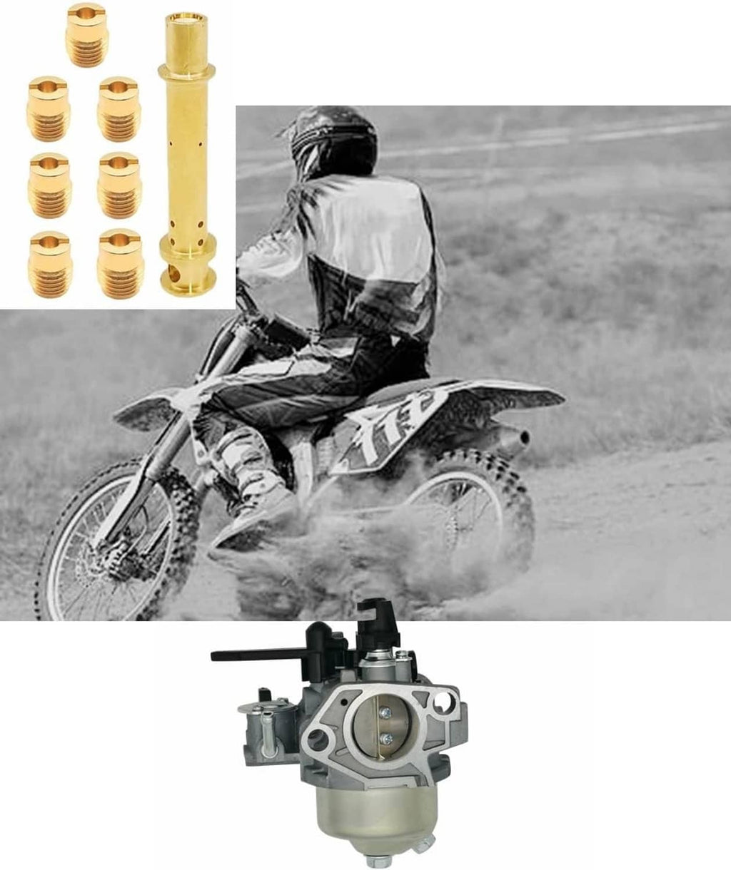 Brass carburetor jet set with emulsion tube and multiple jets, shown with carburetor