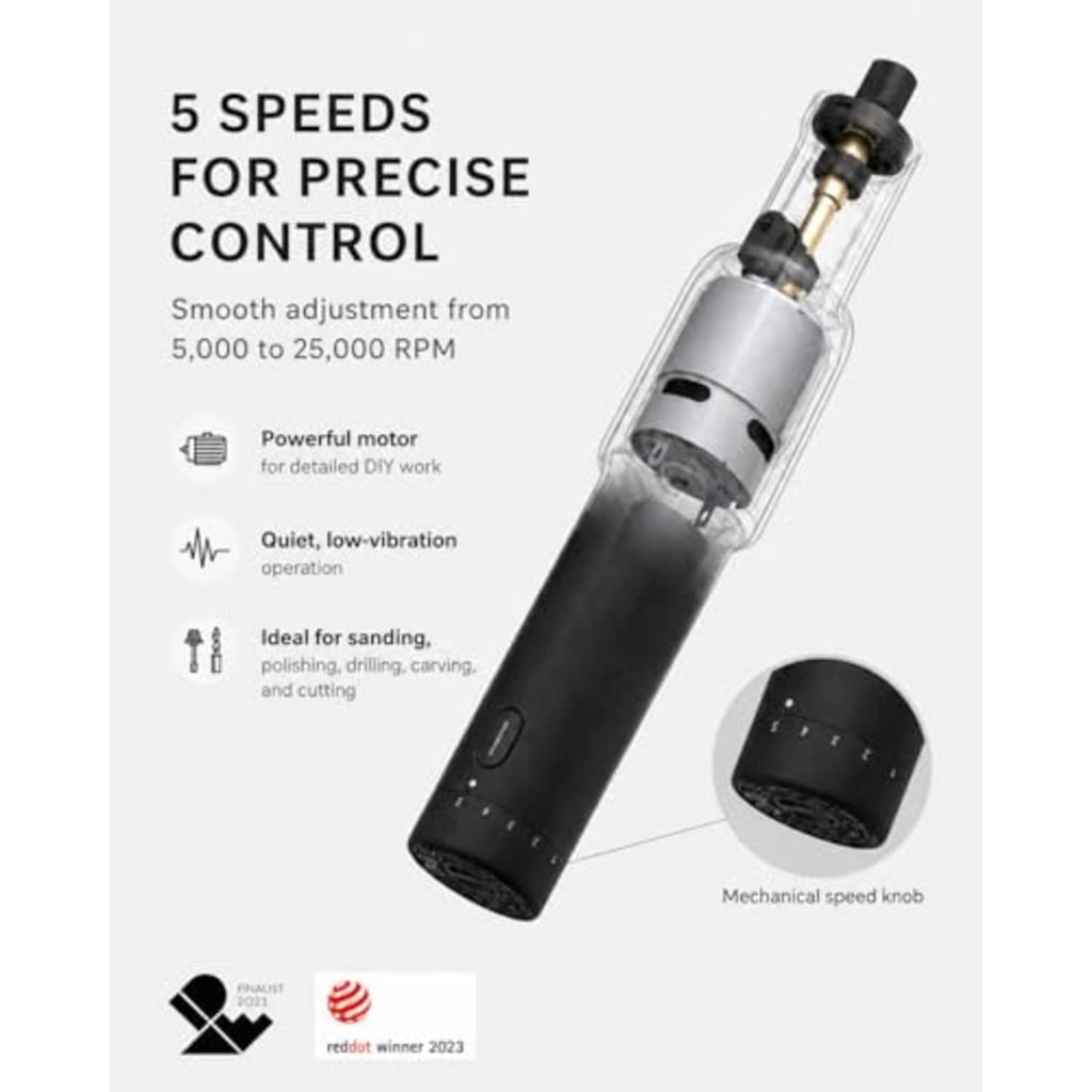 Cordless rotary tool with adjustable speed knob, metallic head, and rotating bit