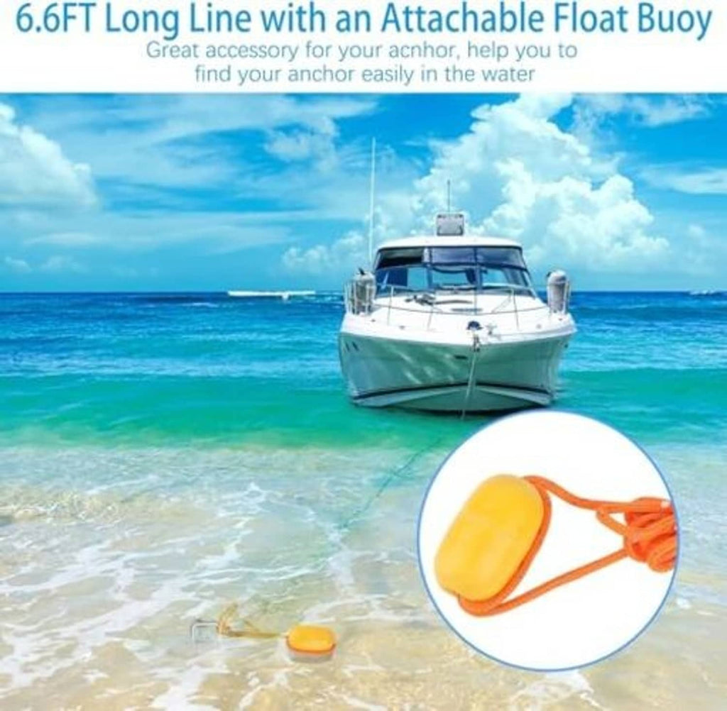Stainless steel sand anchor with attachable float buoy and long tether line