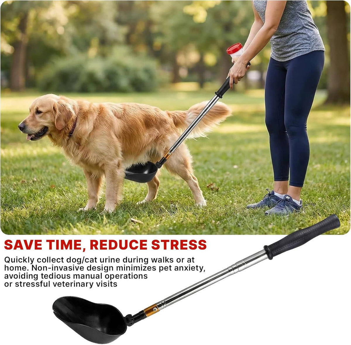 Telescopic urine collector for dogs and cats with black scoop and long telescoping handle
