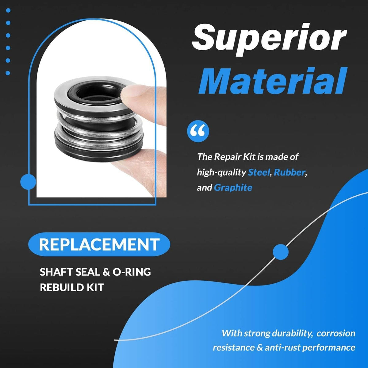 Shaft seal & O-ring rebuild kit with durable seal set, steel, rubber, graphite materials