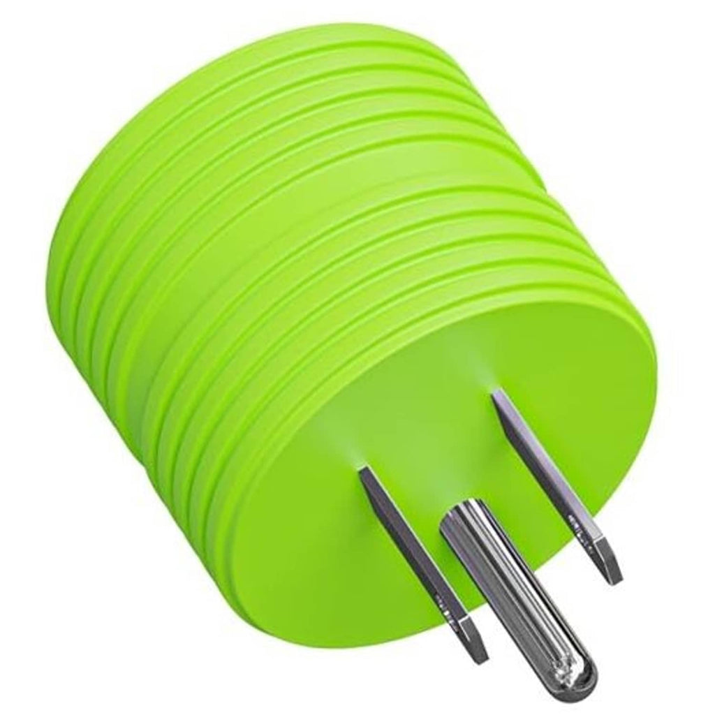 Green 3-prong power adapter plug with metal prongs, cylindrical body