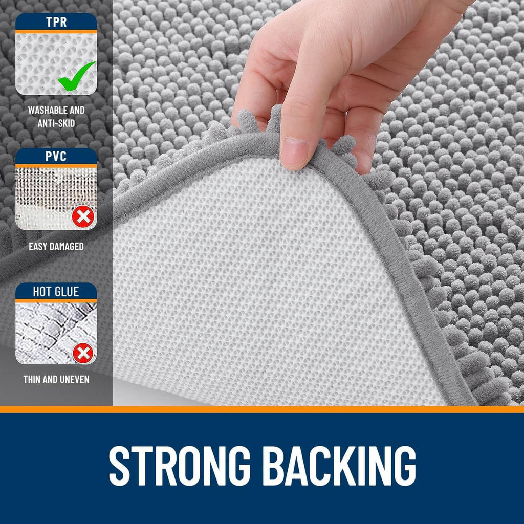 Grey chenille bathroom rug edge showing backing texture