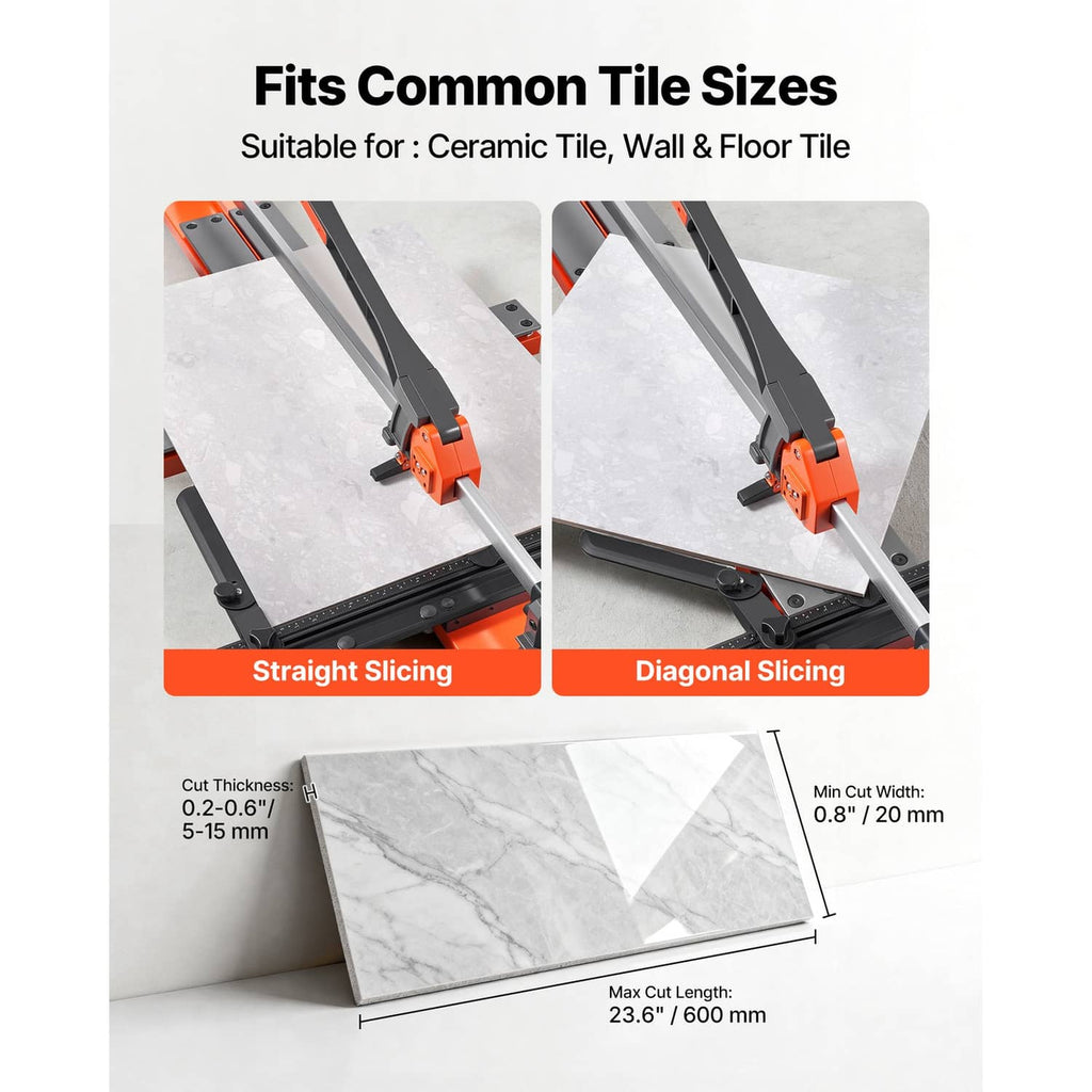 Tile cutter guide graphic showing straight and diagonal slicing with size ranges