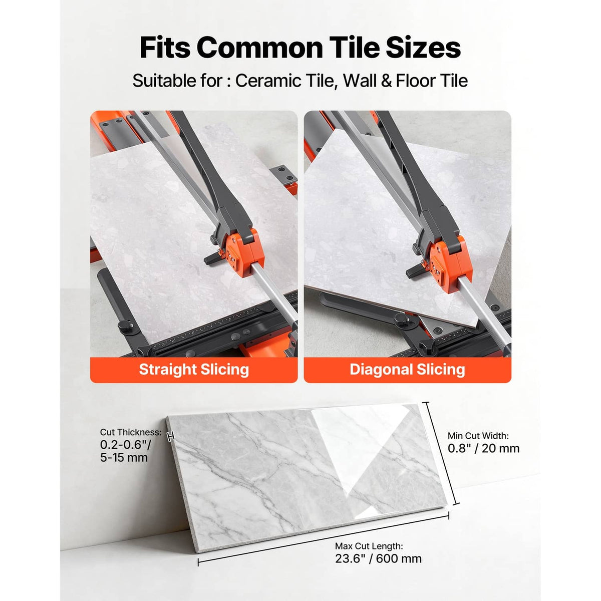 Tile cutter guide graphic showing straight and diagonal slicing with size ranges