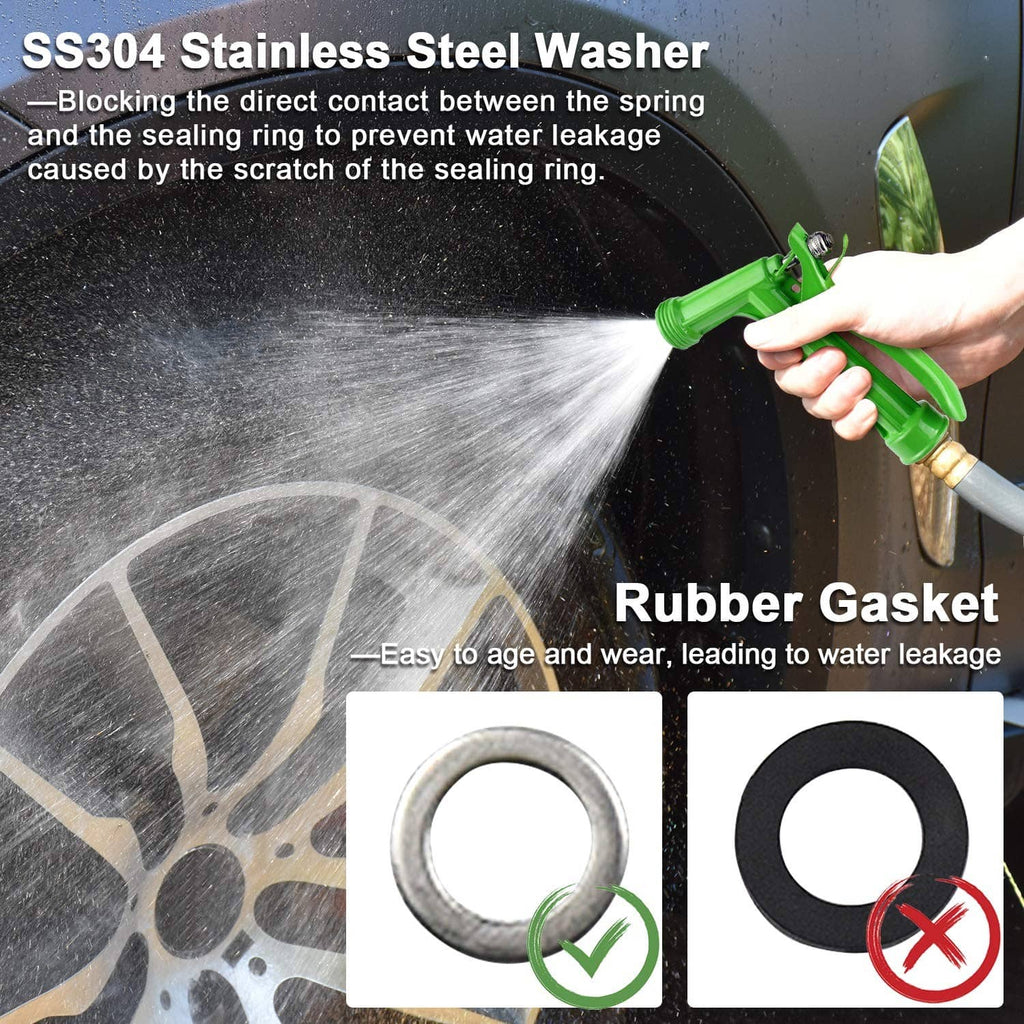 Green hose nozzle spraying water; gasket and sealing ring shown in inset