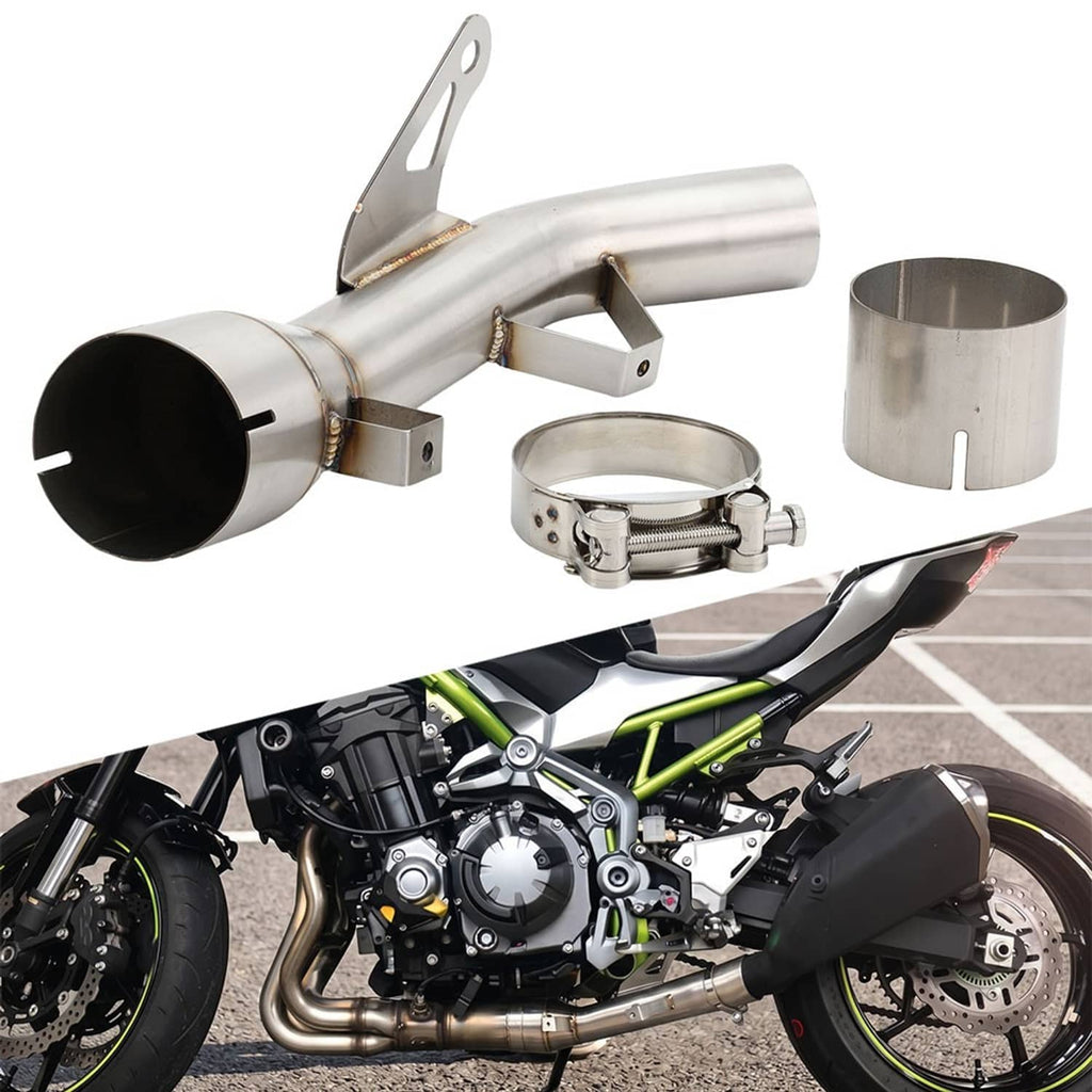 Stainless exhaust mid link pipe with mounting brackets, sleeve and clamp ring, angled view