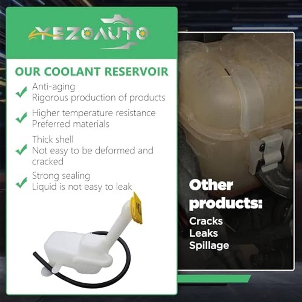 Coolant reservoir benefits card featuring anti-aging and leakproof claims