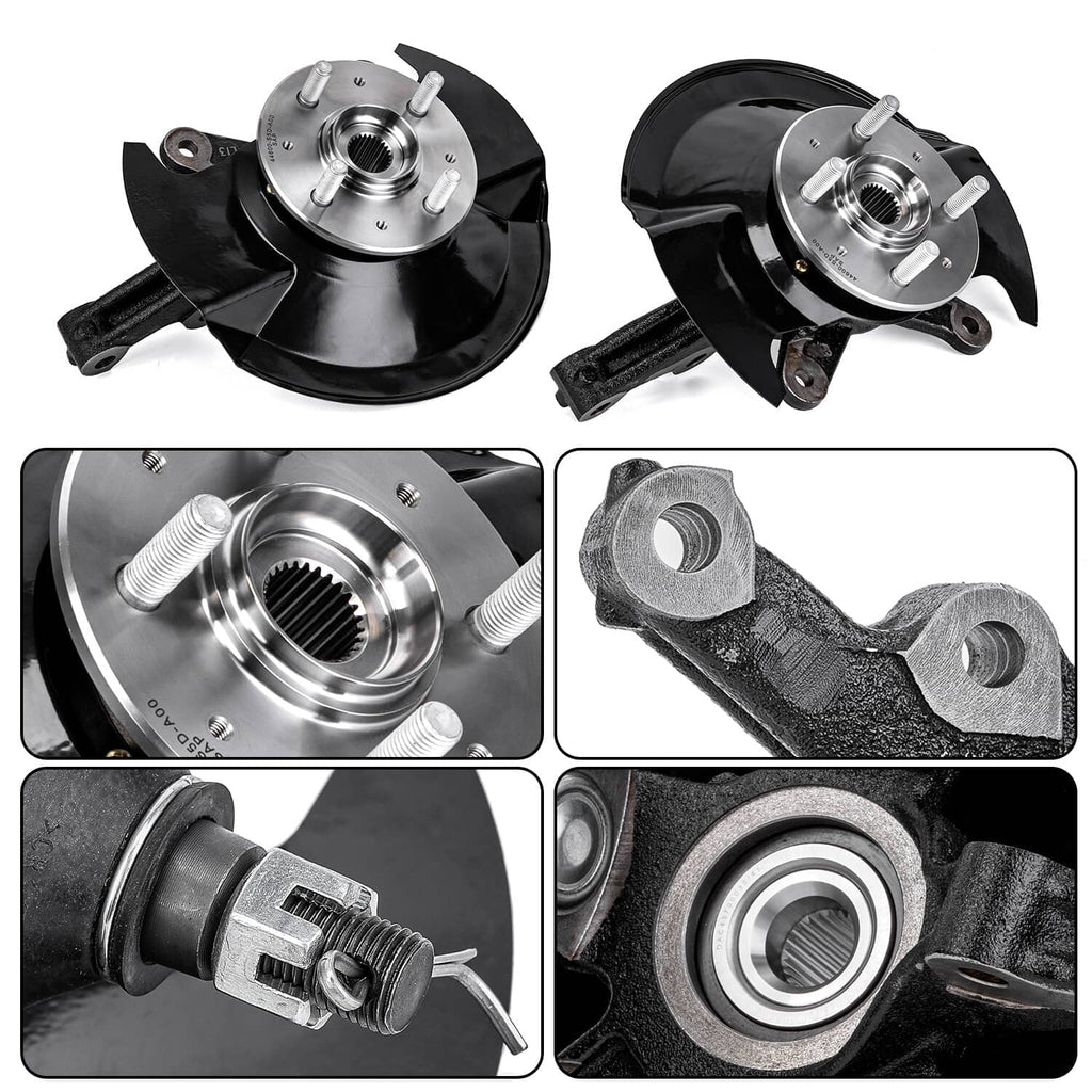 Front wheel hub bearing and steering knuckle assembly with close-up details of bearing and mount