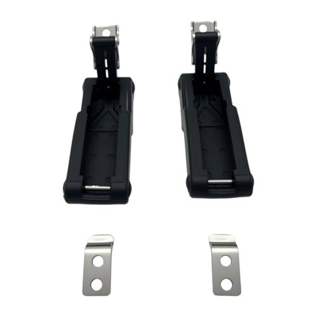 Pair of black latch assemblies with silver mounting brackets and two separate plates