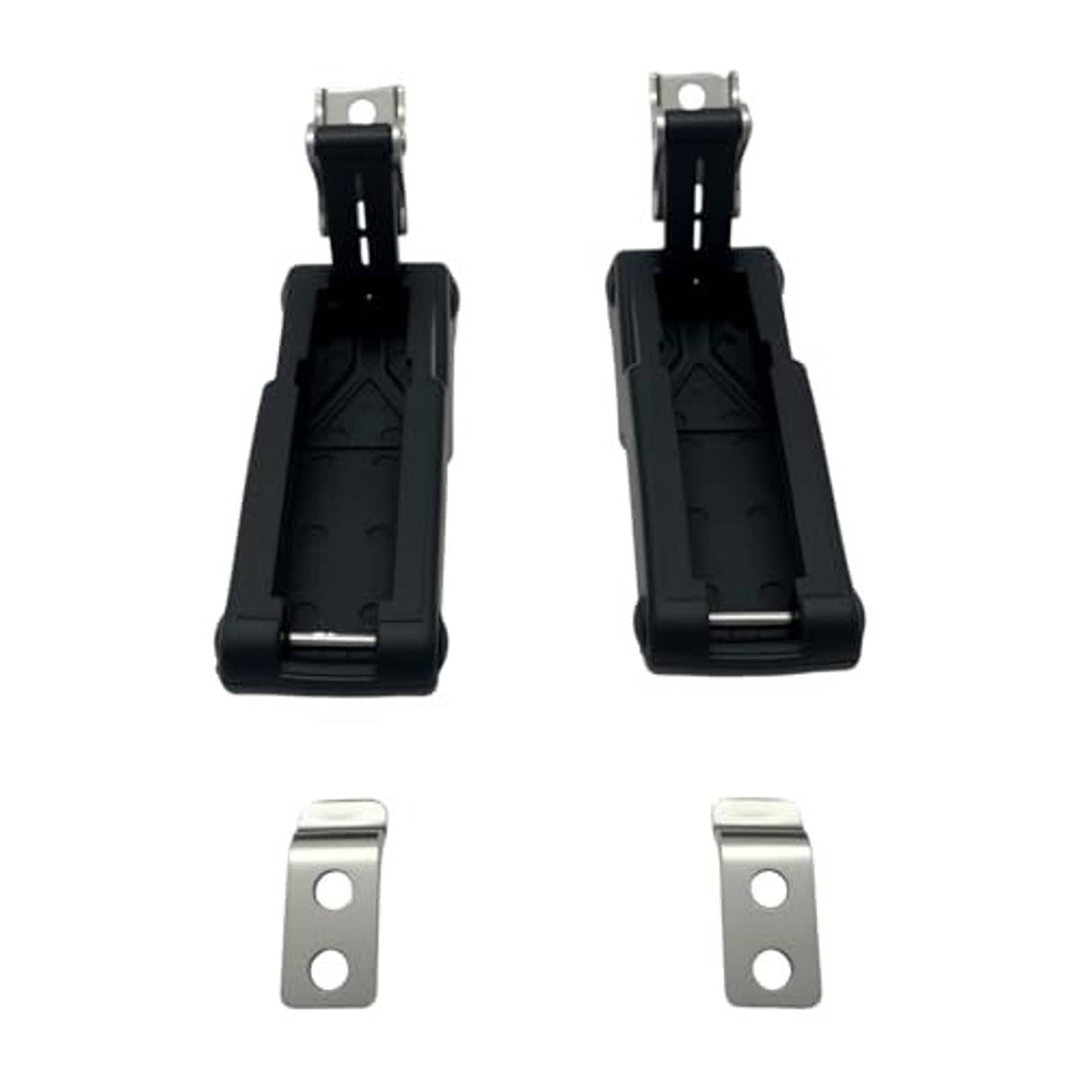Pair of black latch assemblies with silver mounting brackets and two separate plates