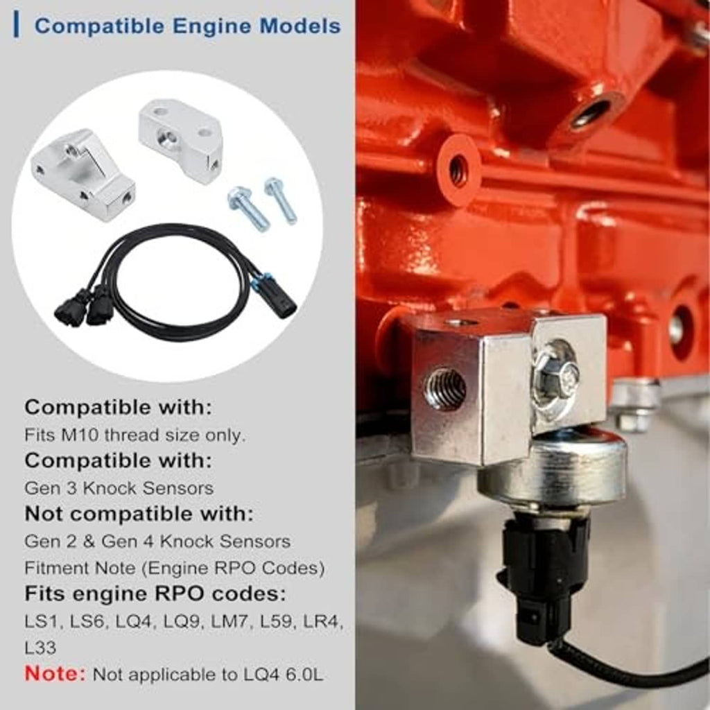 Knock sensor relocation kit with harness, brackets, and included mounting hardware shown