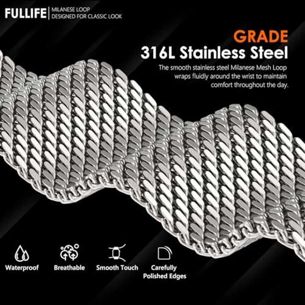 Silver Milanese mesh loop watch band, polished links with smooth edges