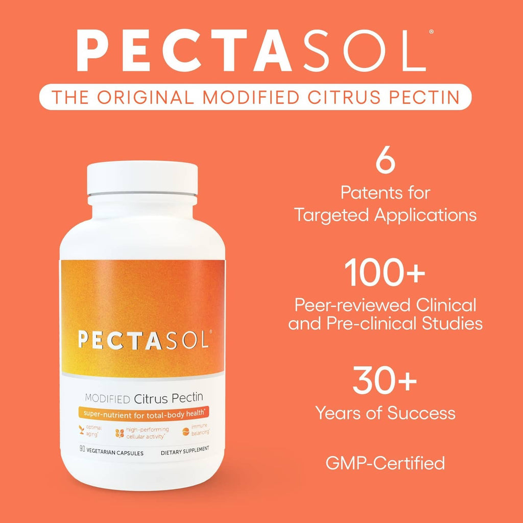 PectaSol modified citrus pectin bottle with label, orange supplement graphic