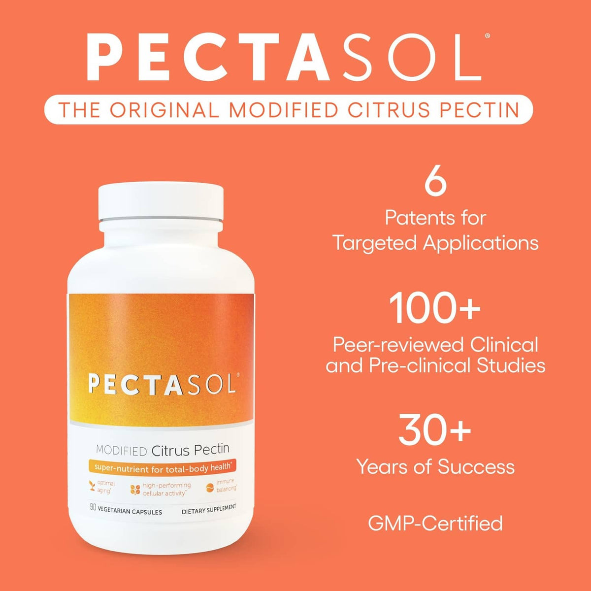 PectaSol modified citrus pectin bottle with label, orange supplement graphic