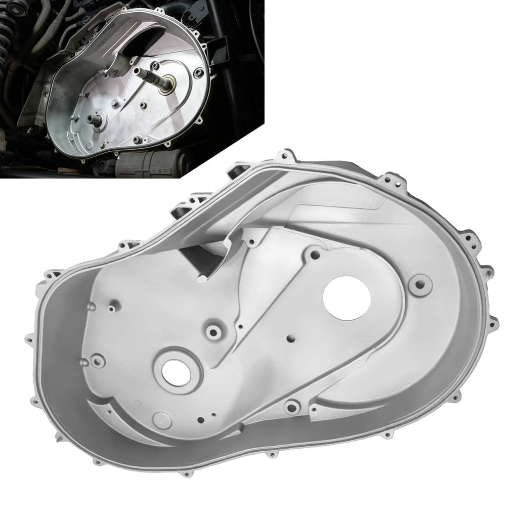 Aluminum inner clutch cover panel with round openings and mounting tabs, light gray