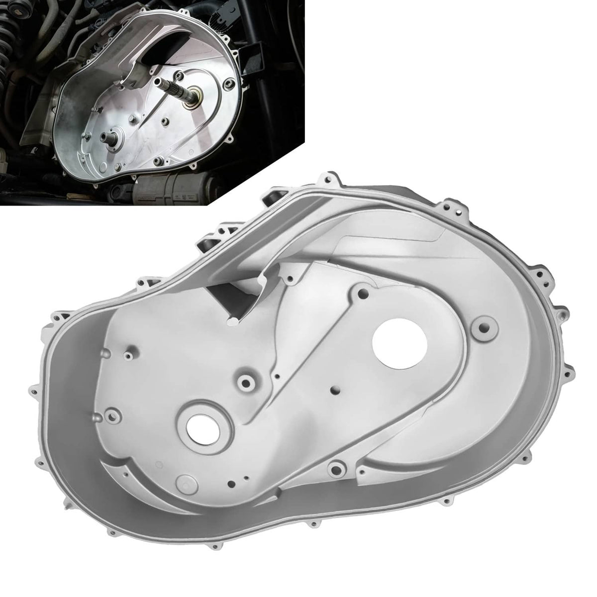Aluminum inner clutch cover panel with round openings and mounting tabs, light gray