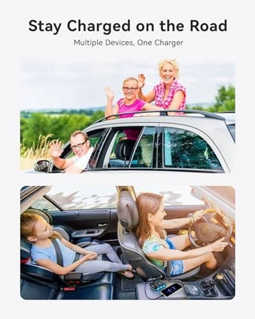 Car power splitter with three blue sockets and attached charging plug on cable