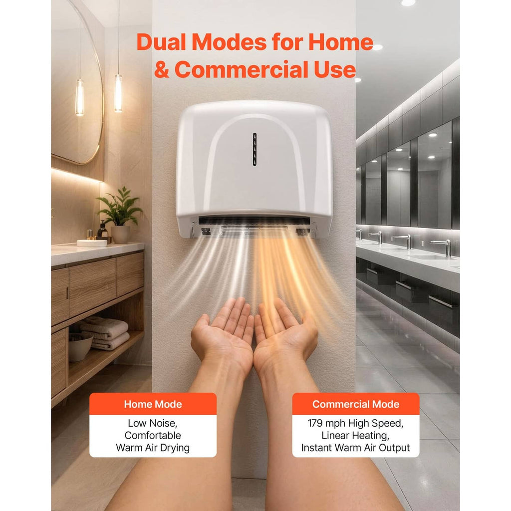 Wall-mounted automatic hand dryer releasing airflow toward hands in front