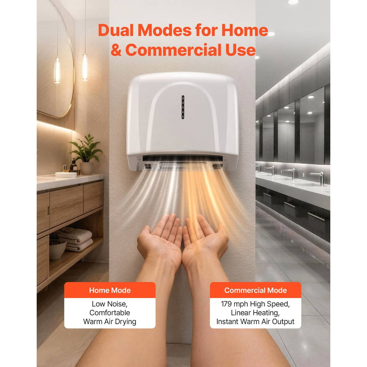 Wall-mounted automatic hand dryer releasing airflow toward hands in front