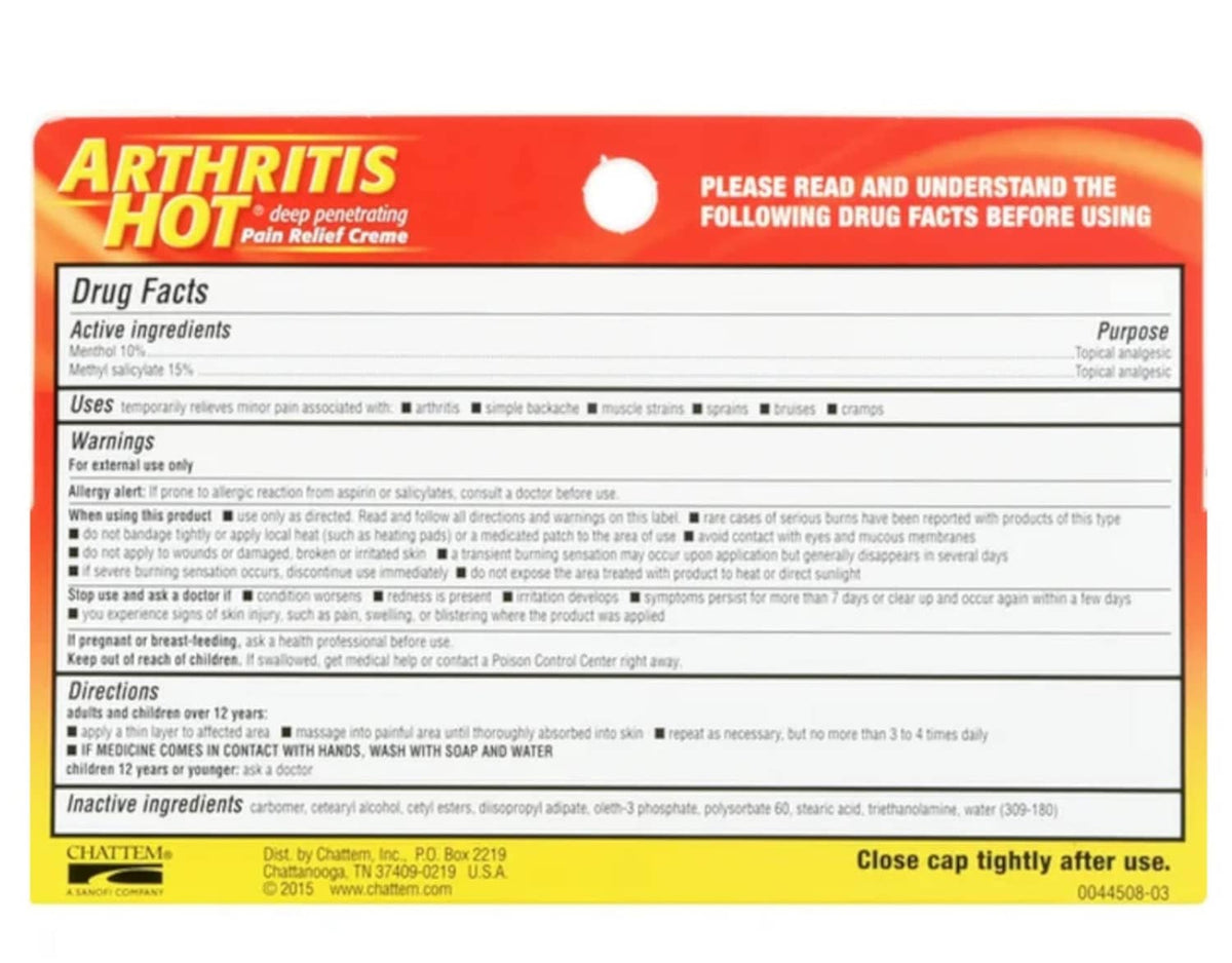Pain relief creme box back panel with Drug Facts table and warnings