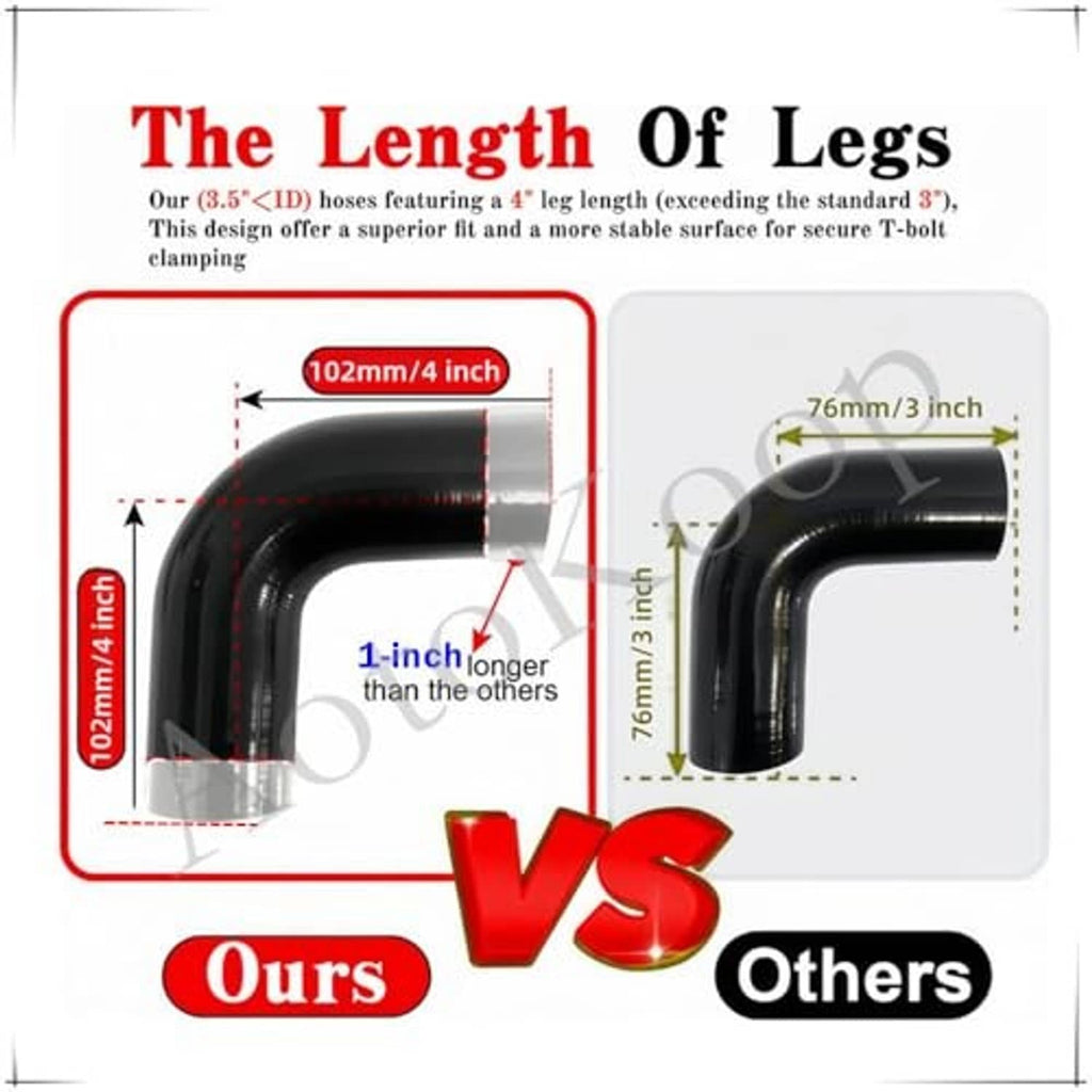 Black 90-degree hose reducer length comparison diagram with measurements