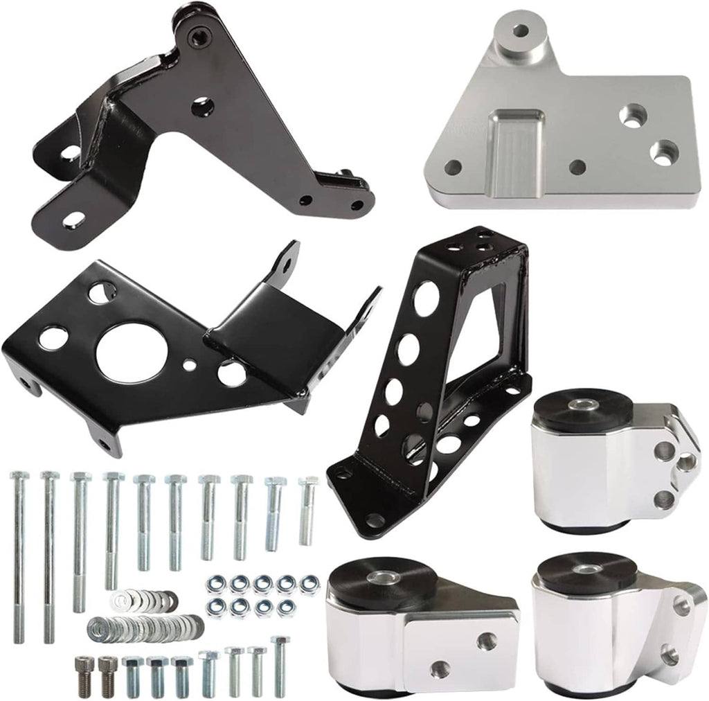 Engine mount bracket kit with black and silver brackets and mounting hardware bolts