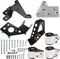 Engine mount bracket kit with black and silver brackets and mounting hardware bolts