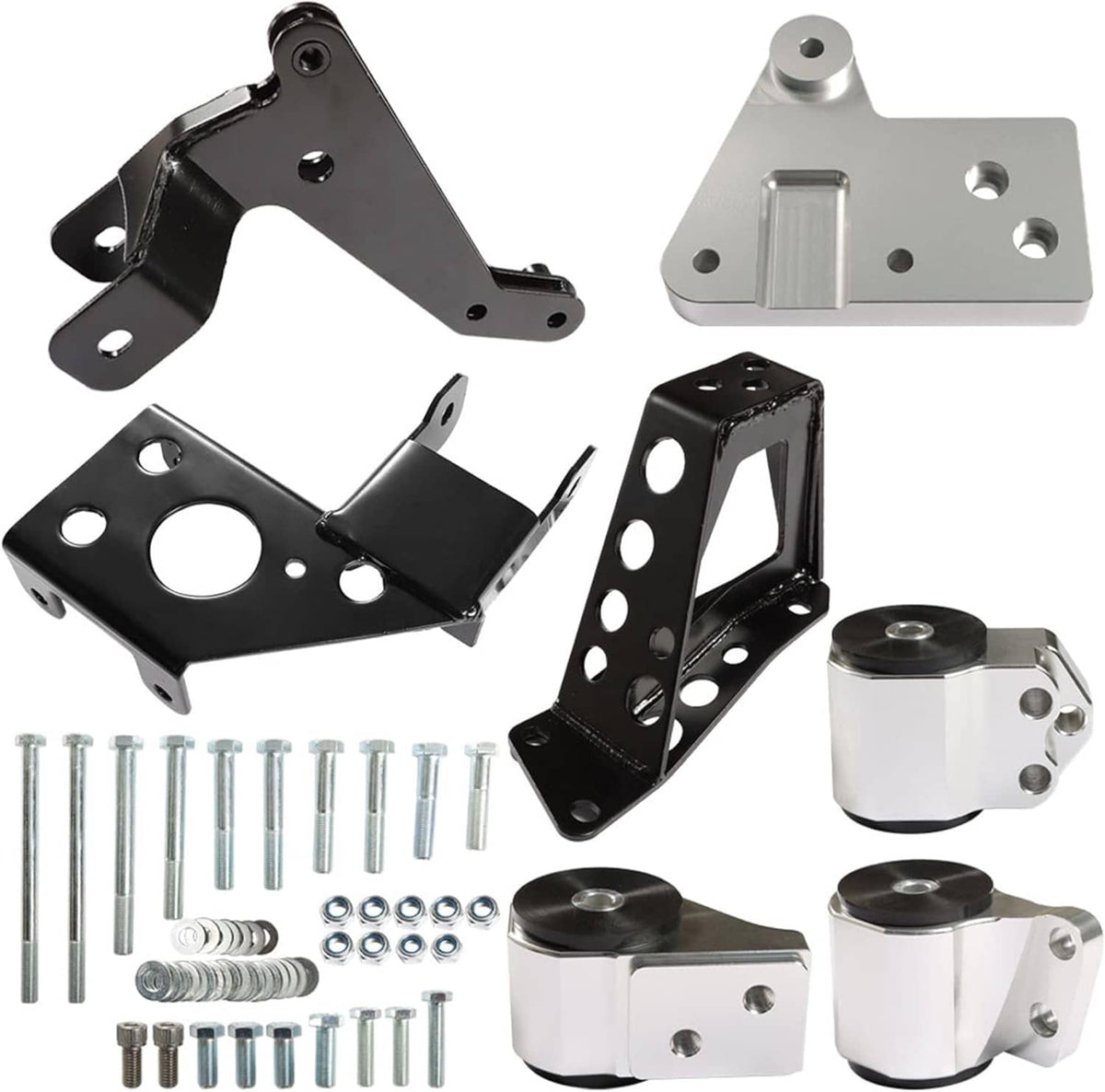 Engine mount bracket kit with black and silver brackets and mounting hardware bolts