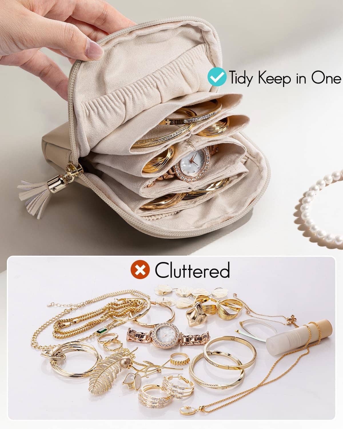 Open jewelry pouch with elastic pockets for rings and watch, zipper closure