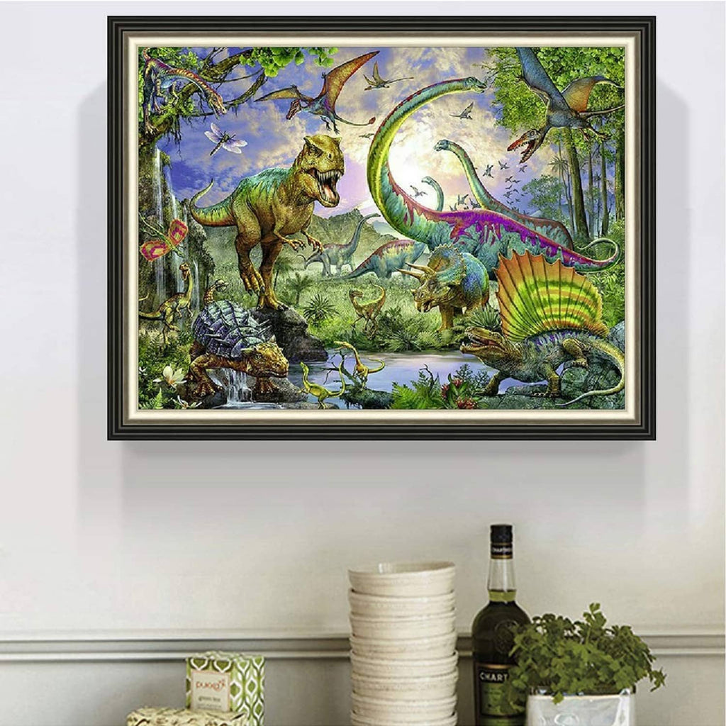 Framed diamond art painting showing colorful dinosaurs, flying creatures, and plants.