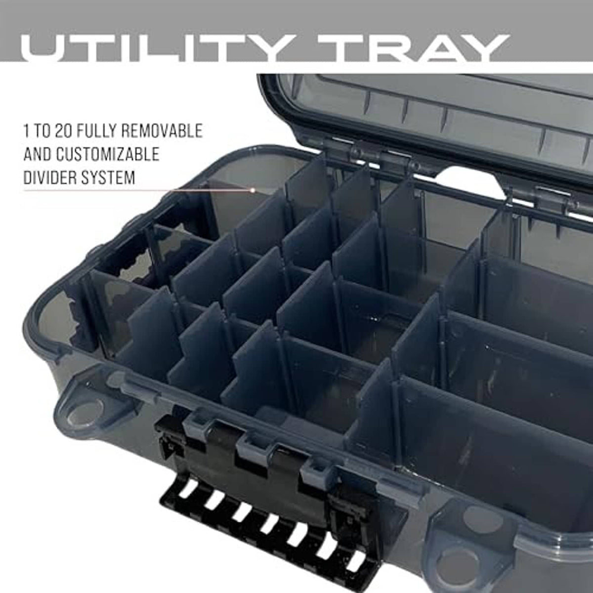Open waterproof utility box showing multiple dark removable divider sections