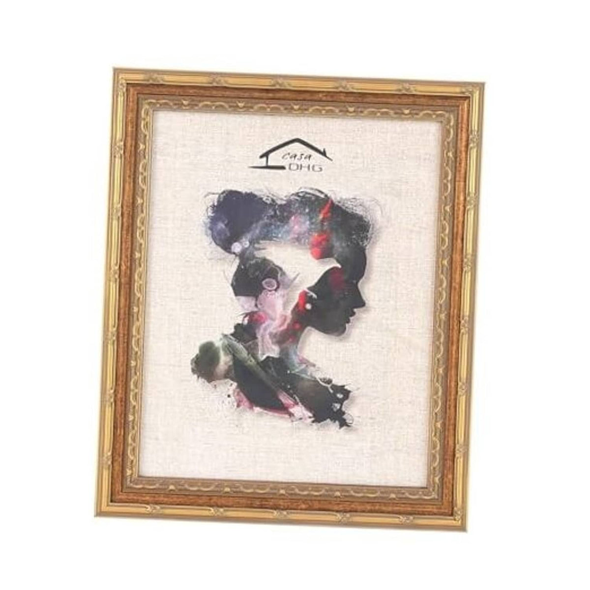 Antique-style 11x14 picture frame with ornate gold border and a portrait print