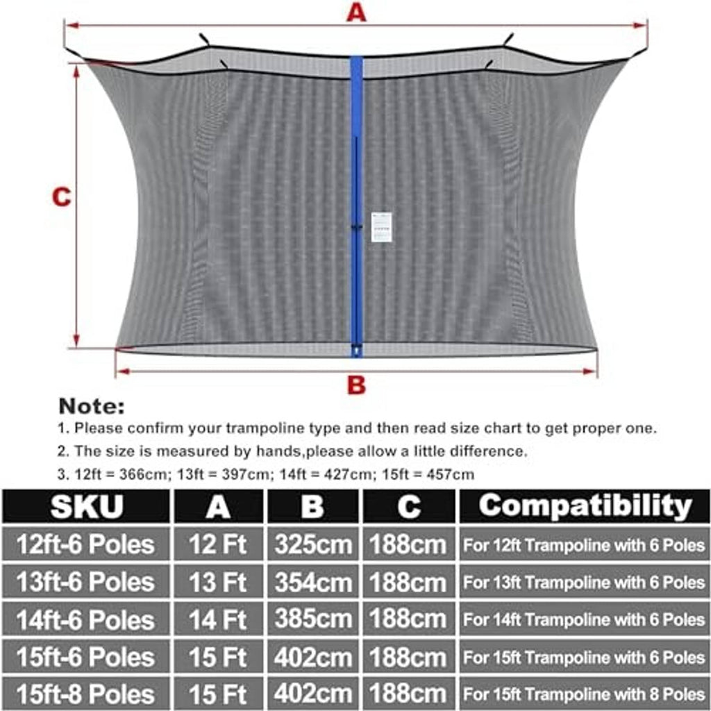 Trampoline replacement safety net with dimension chart for fitting straight-pole enclosures