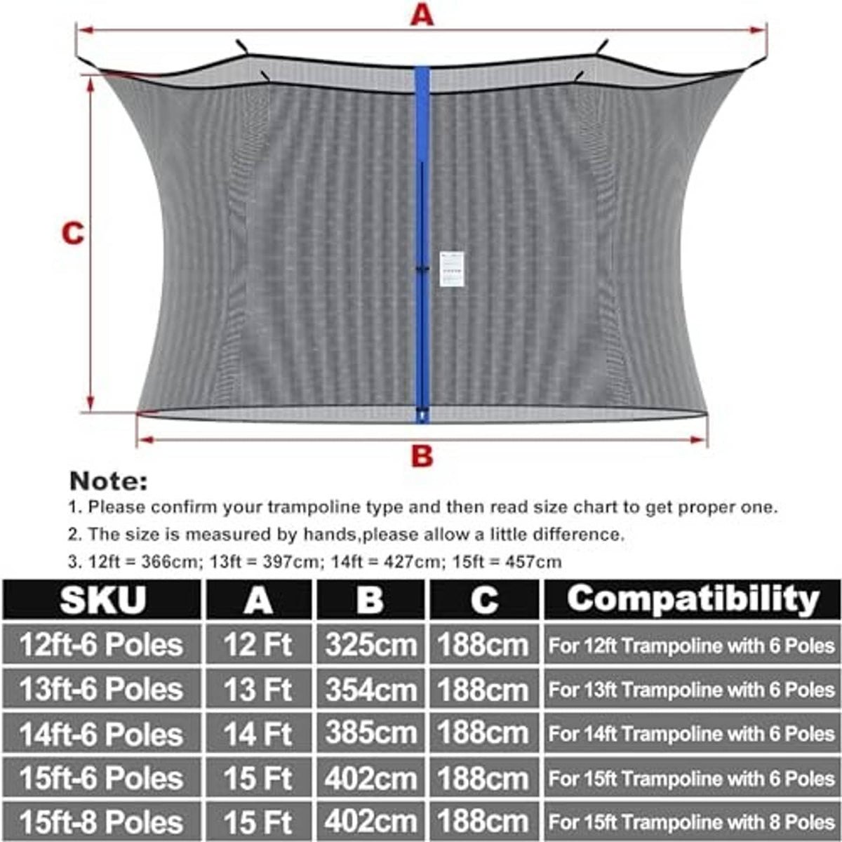 Trampoline replacement safety net with dimension chart for fitting straight-pole enclosures