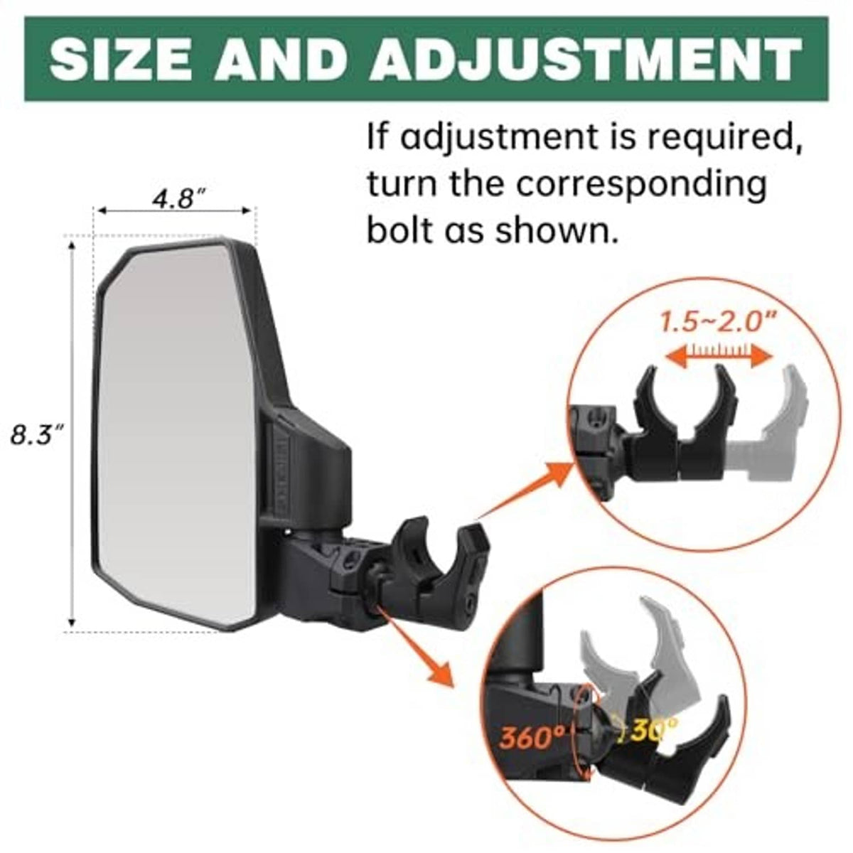 UTV side mirror with black adjustable clamp, size guide and 360° rotation shown