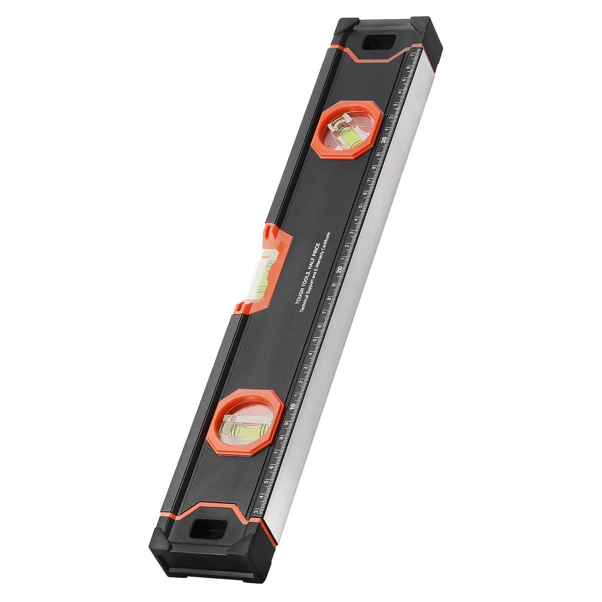 Magnetic torpedo level with two orange framed bubble vials and magnetic base
