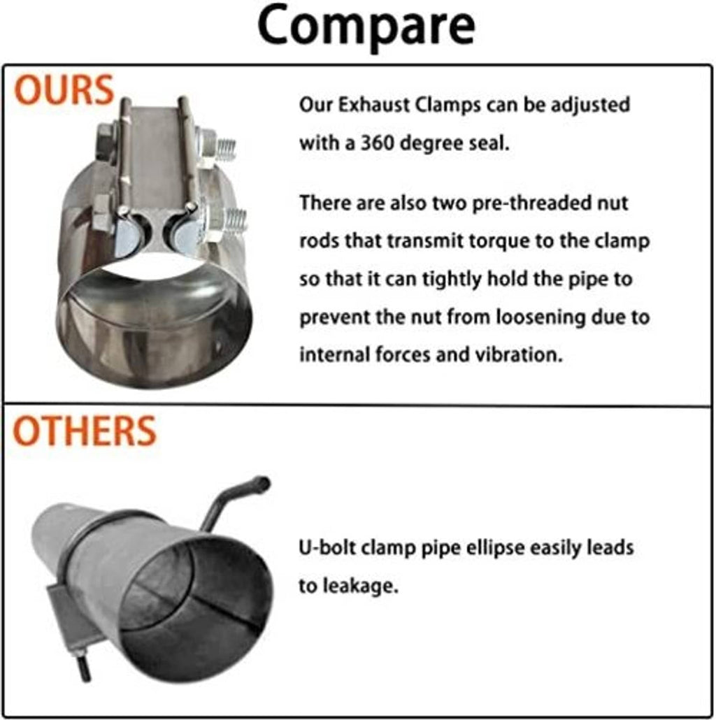 Adjustable 360° lap-joint exhaust clamp with two pre-threaded nut rods, stainless steel