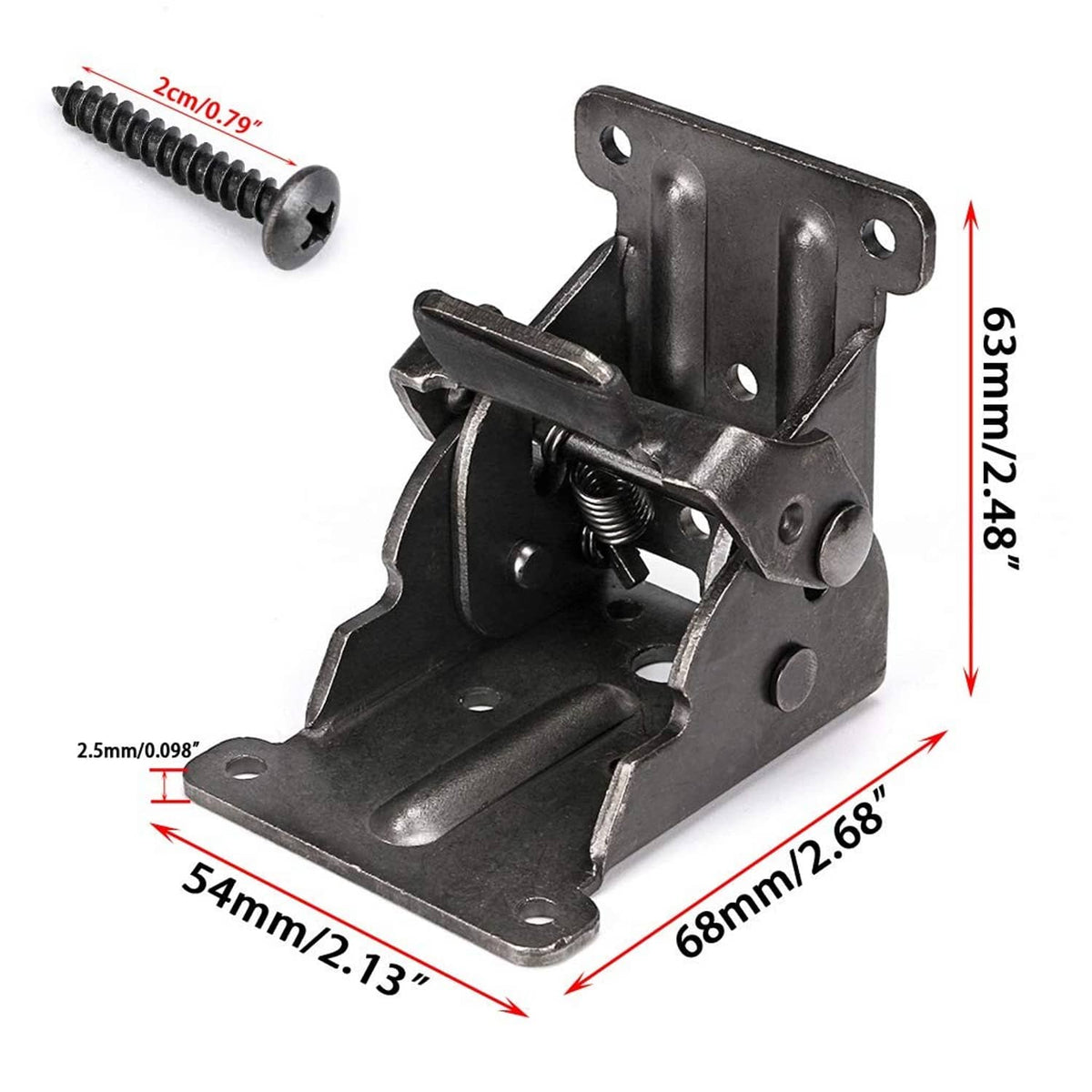 Folding table leg hinge bracket with self-lock mechanism and included screws, dark metal
