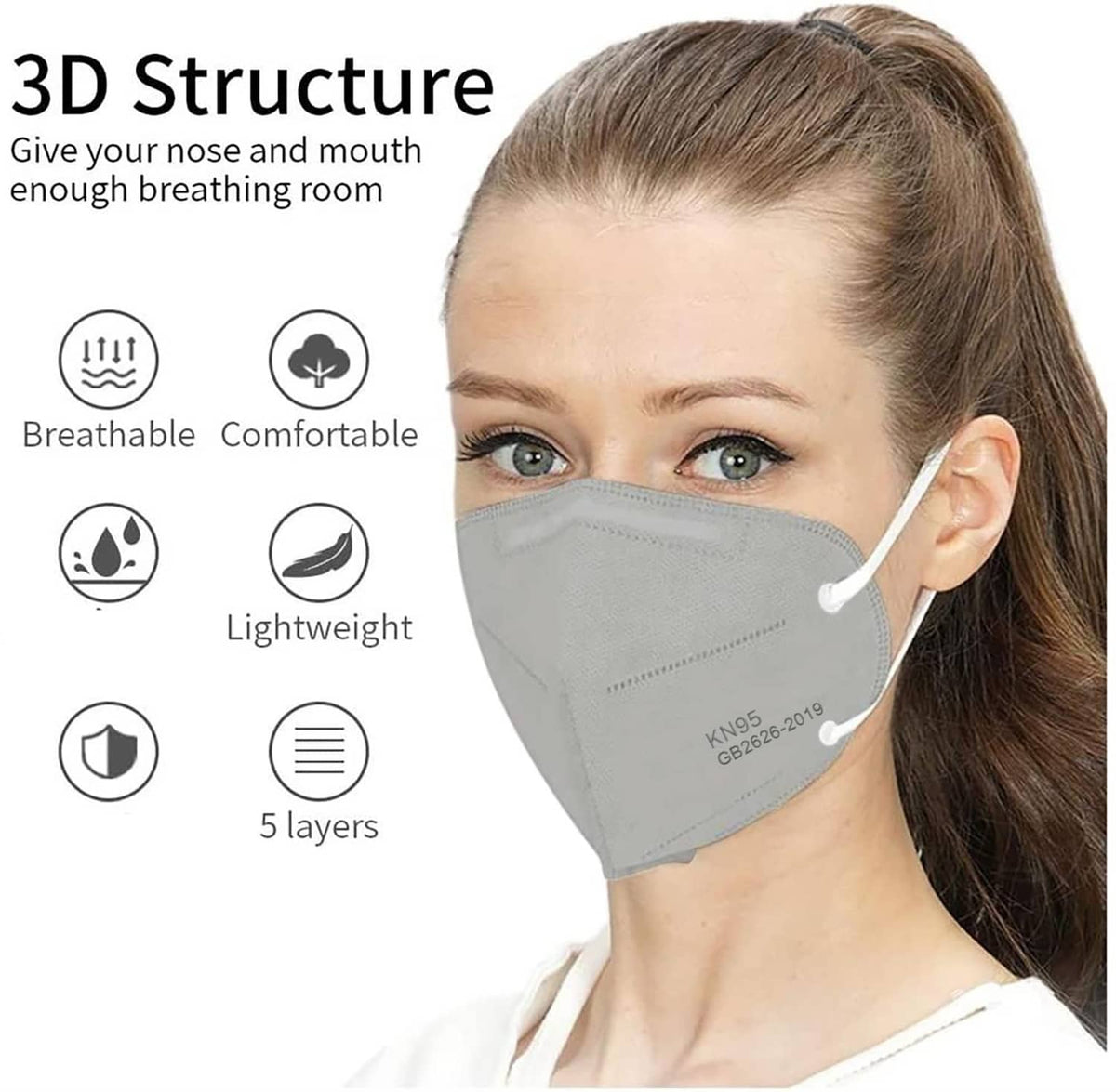 Grey KN95 face mask on a person with ear loops and contoured nose fit