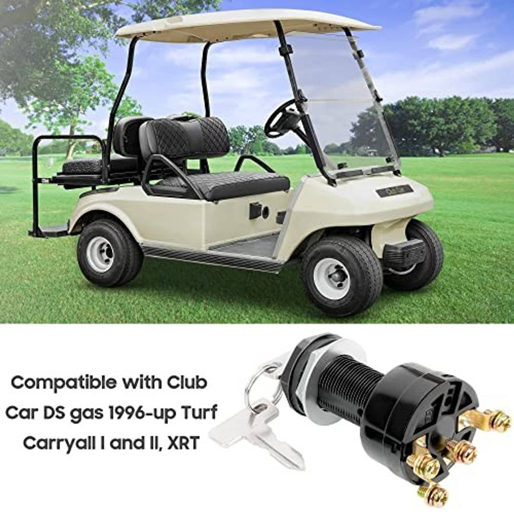 Golf cart ignition key switch on vehicle dash, black housing with key slot