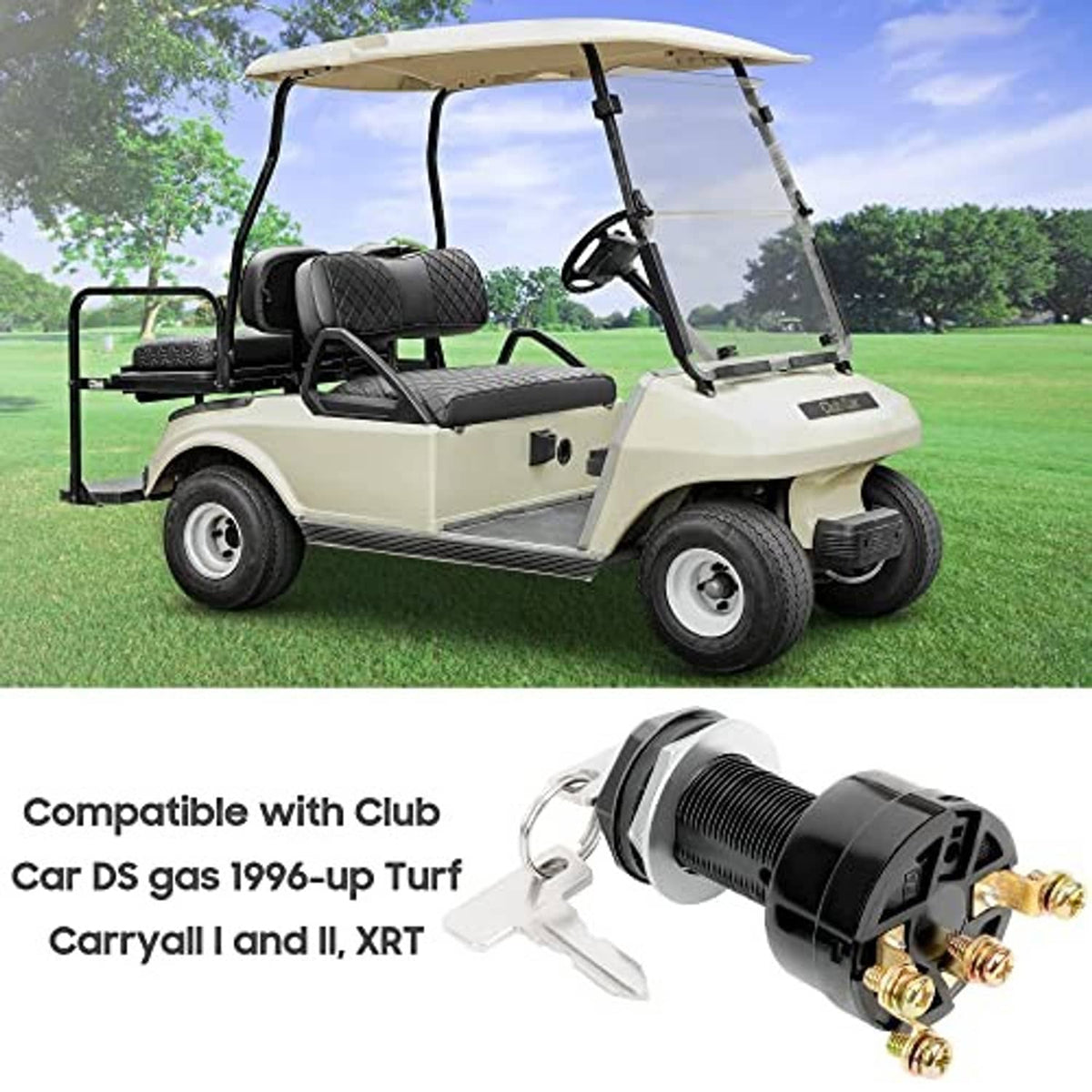 Golf cart ignition key switch on vehicle dash, black housing with key slot