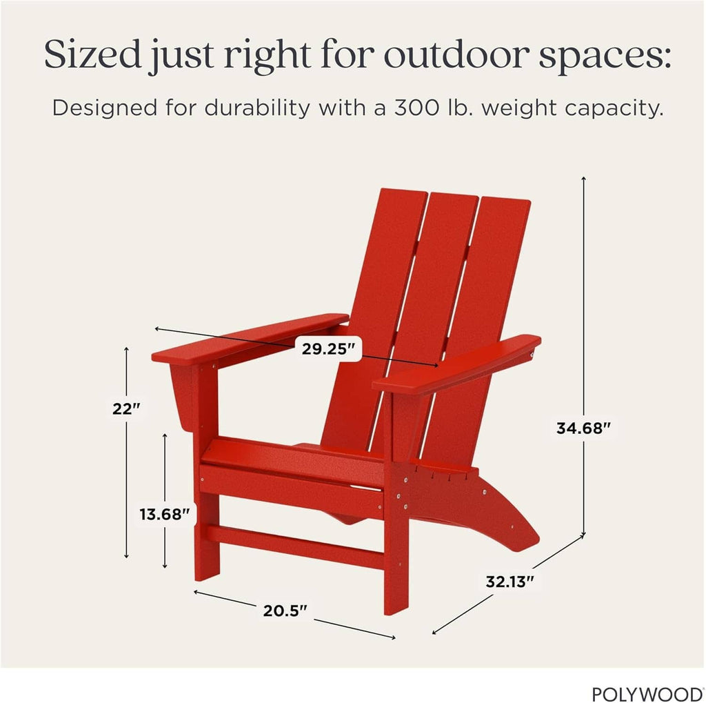 Red Adirondack rocking chair with size and height measurement diagram