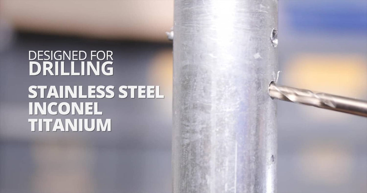 Cobalt hex shank drill bit drilling into a metal workpiece