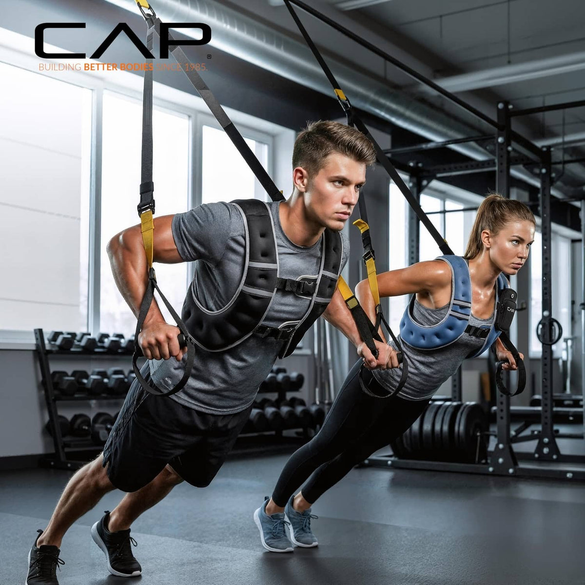 Black weighted vest worn for exercise, with adjustable straps and front reflective trim
