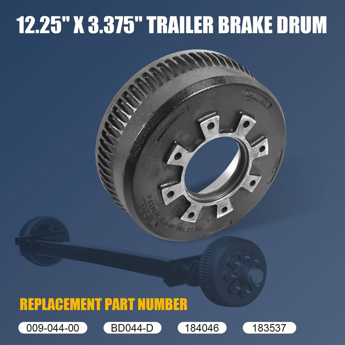 Vented trailer brake drum with wheel-mount bolt holes and central hub opening