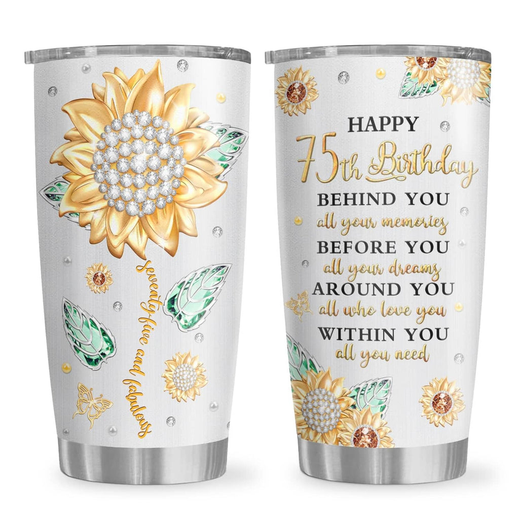 White 20 oz stainless tumbler with gold flower and rhinestone design