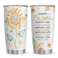 White 20 oz stainless tumbler with gold flower and rhinestone design