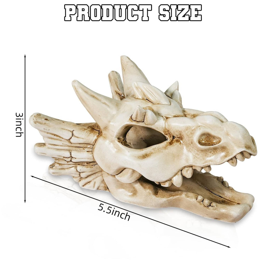 White dragon skull ornament shown with product size dimensions