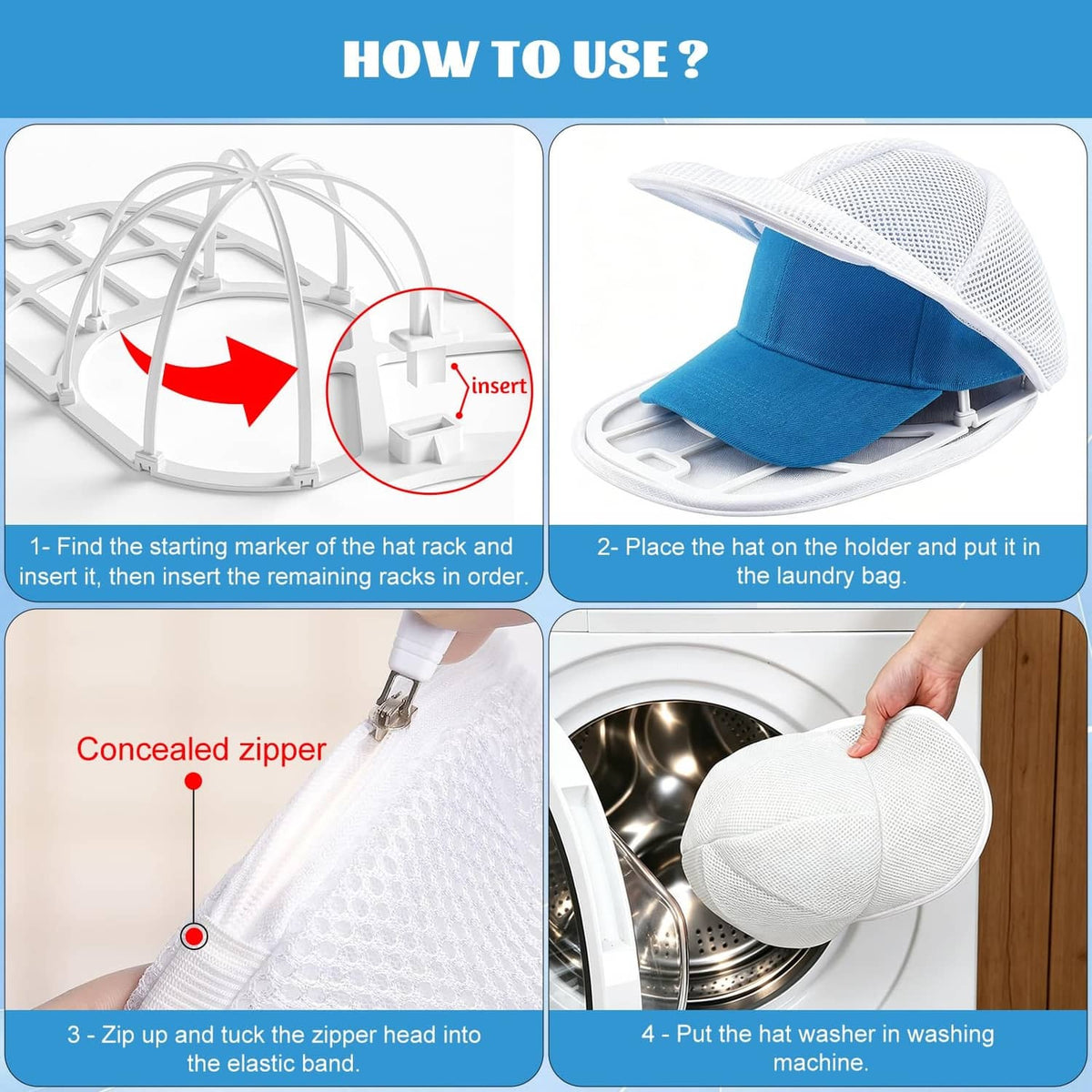 Steps for using white hat washer cage with concealed zipper and cap insertion
